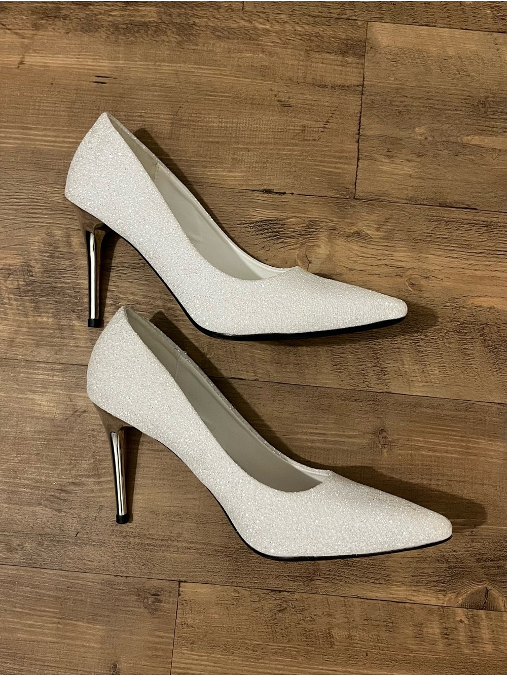 SHEIN White Glitter Pointed-Toe Pumps with Metallic Heel